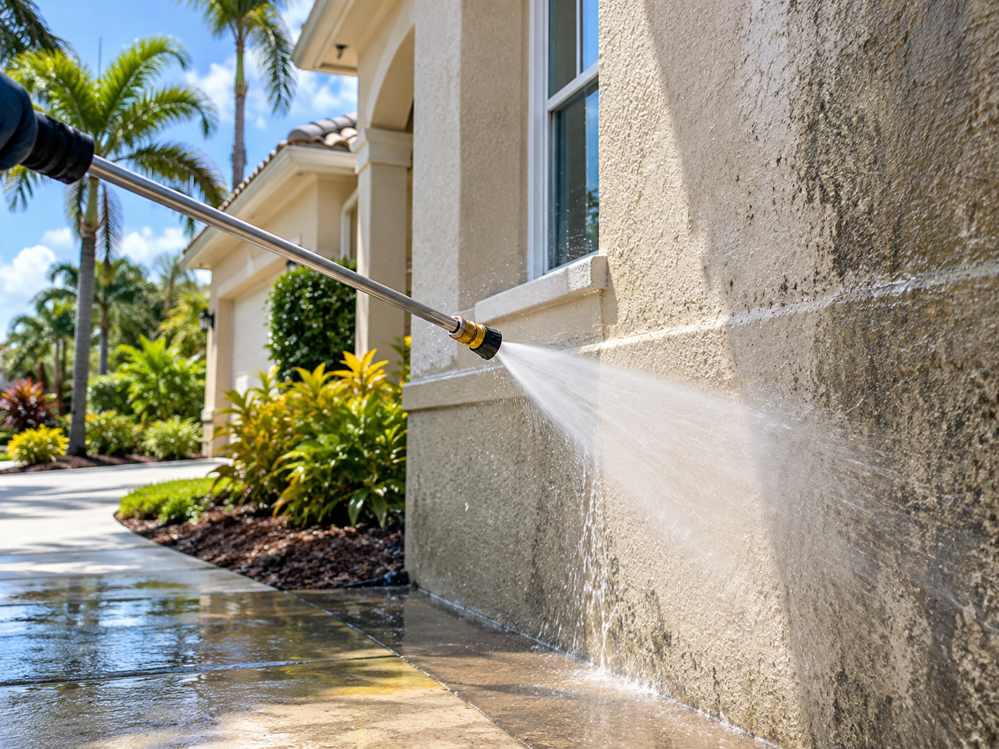 Pressure washer spraying a dirty Florida stucco home exterior